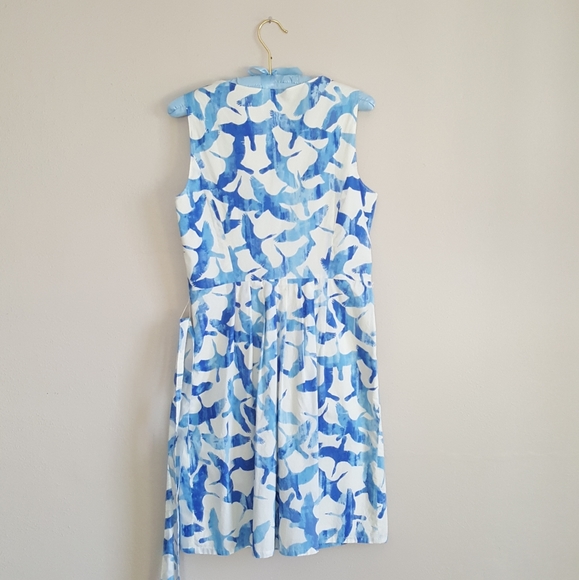 LL Bean V-neck Poplin Crane Print Cobalt Blue Summer Dress - Picture 2 of 5